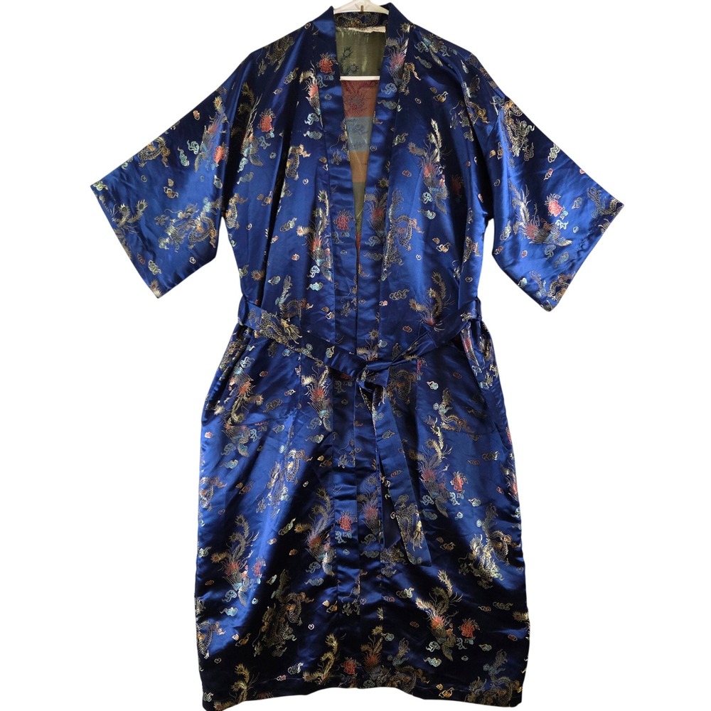 Plants Vintage 100% Silk Dragon Phoenix Embroidered Kimono Robe Blue Asian L